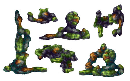 A set of underwater rocks with green algae and orange coral. Digital illustration on a white background. For compositions, prints, stickers, postersの写真素材
