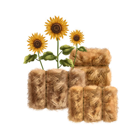 A farmer's composition of a pile of fluffy golden hay and colorful sunflowers. For postcards, textiles, booklets, banners, stickers. digital illustration.の写真素材