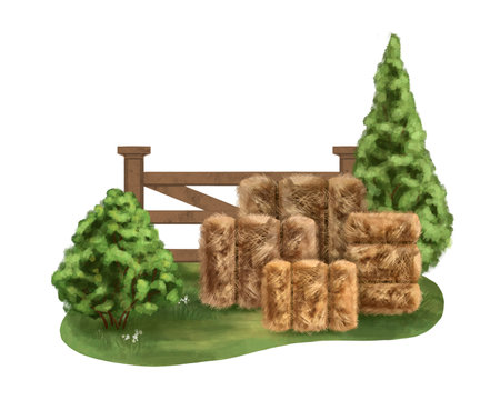 A rural composition in a sunny clearing of green bushes, a fence and stacks of golden hay. For packaging design, postcards, textiles, posters, stickers. digital illustration.の写真素材
