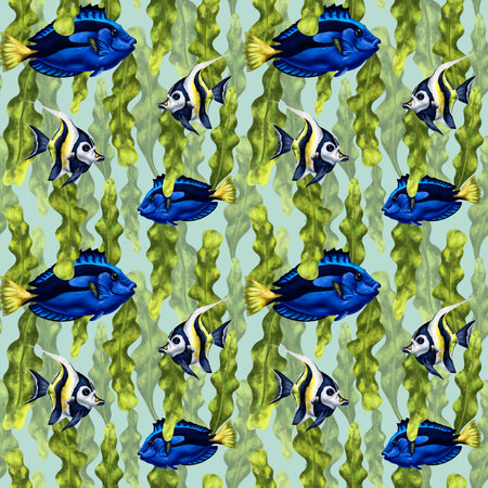 Seamless pattern with thickets of seaweed and blue exotic fish. Background for textiles, fabrics, banners, wrapping paper and other designs.の写真素材