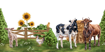 Seamless banner with rural landscape and farm animals. For packaging design, postcards, textiles, posters, stickers.の写真素材