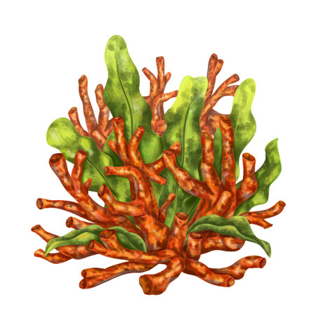 A bright composition with an underwater world. Red corals and seaweed. Digital illustration on a white background. For printing, stickers, posters, postcards, prints, souvenirs.の写真素材
