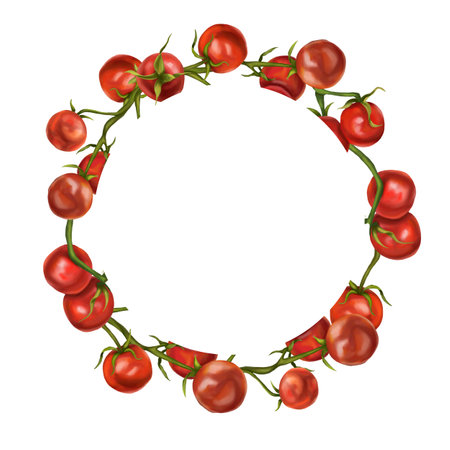Round frame of cherry tomatoes on a twig. Digital illustration on a white background. Applicable for packaging design, postcards, prints, textiles.の写真素材