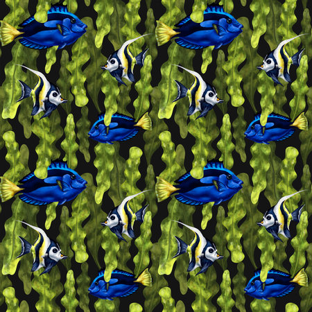 Seamless pattern with thickets of seaweed and blue exotic fish. Background for textiles, fabrics, banners, wrapping paper and other designs.の写真素材