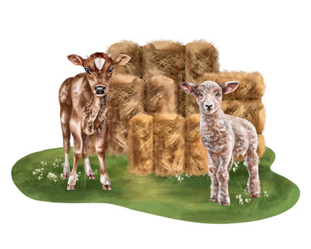 A farmer's composition of haystacks and sheep and cow cubes. For postcards, textiles, booklets, banners, stickers. digital illustration.の写真素材