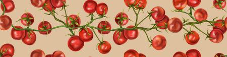 Seamless hand drawn pattern with cherry tomatoes. Vegetable background for textiles, fabrics, banner, wrapping paper, and other designs. Digital illustration on peach background.の写真素材