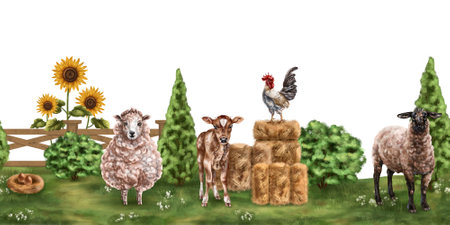 Seamless banner with rural landscape and farm animals. For packaging design, postcards, textiles, posters, stickers.の写真素材