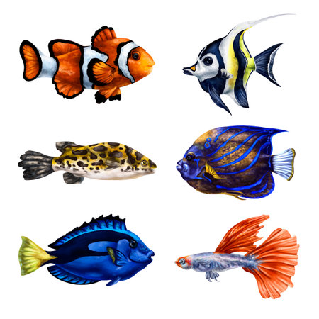 A set of tropical marine fish. Underwater world, digital illustration. For design, packaging, printing, posters, postcard textiles souvenirs.の写真素材