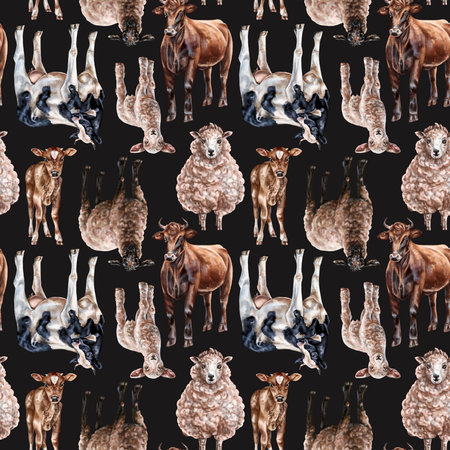 Seamless hand-drawn drawing with farm animals: cows and sheep. Background for textiles, fabrics, banners, wrapping paper and other designs.の写真素材