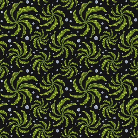 Seamless pattern with thickets of bright green seaweed and water bubbles. Background for textiles, fabrics, banners, wrapping paper, wallpaper and other designs.の写真素材