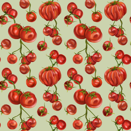 Seamless hand drawn pattern with red tomatoes and cherry tomatoes. Vegetable background for textiles, fabrics, banner, wrapping paper, and other designs. Digital illustration on olive background.の写真素材