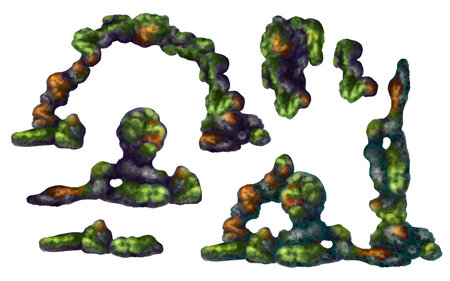 A set of underwater rocks with green algae and orange coral. Digital illustration on a white background. For compositions, prints, stickers, posters.の写真素材