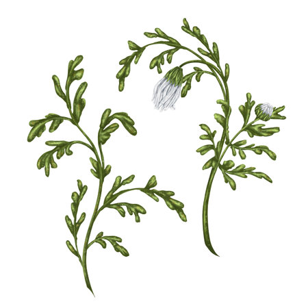 Wild leaves and buds of white chamomile with green leaves. On a white background. Wildflowers, nature.の写真素材