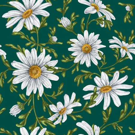 Seamless hand drawn pattern with white chamomiles. Flower background for textiles, fabrics, banner, wrapping paper and other designs. Digital illustration on green background.の写真素材