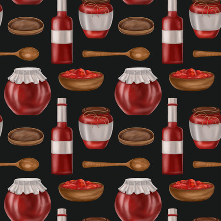 Seamless pattern with canned tomato sauce in glass jars and wooden dishes. Background for textiles, fabrics, banners, wrapping paper and other designs.の写真素材