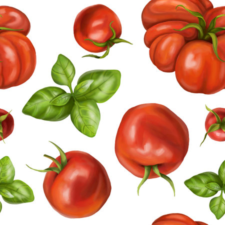 Seamless hand drawn pattern with red tomatoes, cherry tomatoes and basil. Vegetable background for textiles, fabrics, wrapping paper, and other designs. Digital illustration on white background.の写真素材