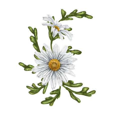 A crescent-shaped composition of large wild daisies. Flowers, buds and leaves. On a white background. Design for herbal tea, natural cosmetics, aromatherapy, health products, textilesの写真素材