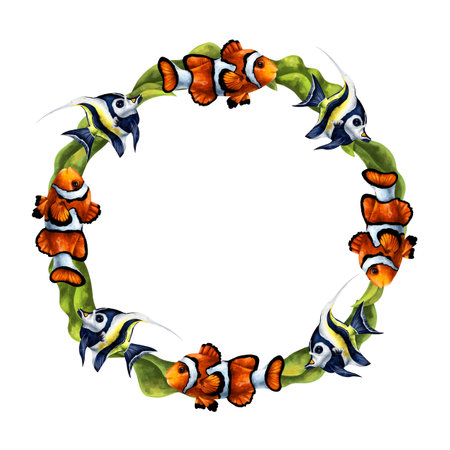 Round frame composition with underwater world and tropical fish Clown and Moorish idol. Digital illustration on a white background. For printing, stickers, posters, postcards, prints.の写真素材
