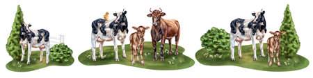 A farmer's set of compositions of a cow, bull and calf among bushes in a meadow in the village. For compositions, packaging design, textiles, booklets. Isolated illustration on a white background.の写真素材