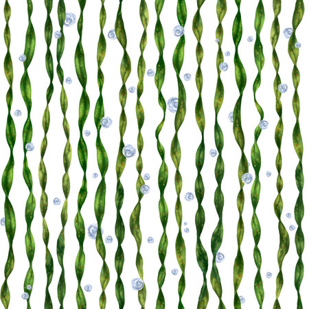 Seamless pattern with thickets of bright green seaweed and bubbles. Exotic background for textiles, fabrics, banners, wrapping paper, wallpaper and other designs.の写真素材