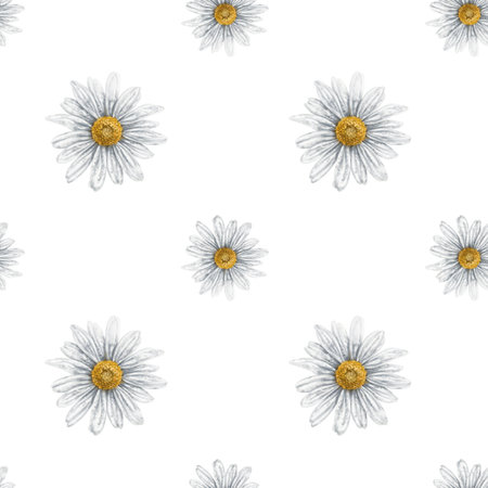 Seamless hand drawn pattern with white chamomiles. Flower background for textiles, fabrics, banner, wrapping paper and other designs. Digital illustration on white background.の写真素材