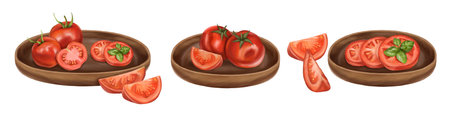 A set of compositions of farm tomatoes in wooden plates with a basil leaf. Cut tomatoes into slices, triangles. Digital illustration on a white background.の写真素材