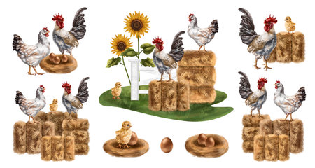 A farmer's set of compositions of chicken, rooster, among chicken haystacks and eggs. For compositions, packaging design, textiles, booklets. Isolated digital illustration on a white background.の写真素材