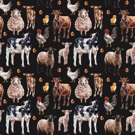 Seamless hand-drawn drawing with farm animals: cows, chickens and sheep. Background for textiles, fabrics, banners, wrapping paper and other designs.の写真素材