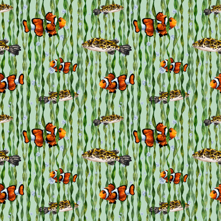 Seamless pattern with colorful tropical clown fish, leopard fish and seaweed. Background for textiles, fabrics, banners, wrapping paper, wallpaper and other designs.の写真素材