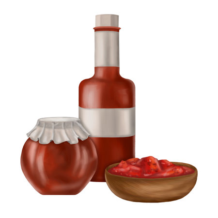 Composition with canned sauces. Glass jar, bottle, wooden bowl. Tomato paste, jam. Digital illustration on a white background. For packaging design, postcards, prints.の写真素材