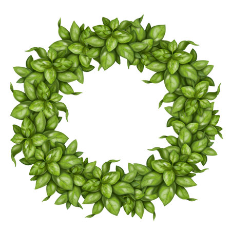 Round frame made of fresh basil bunches. Herbs, spices, ingredients. Digital illustration on a white background. For packaging design, postcards, prints, textiles, jewelry.の写真素材