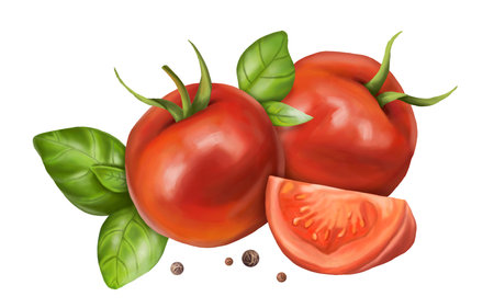 A composition of fresh red tomatoes, ripe basil leaves and black pepper. Digital illustration on a white background. For packaging design, postcards, prints, banners, textiles, printing.の写真素材