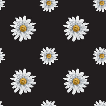 Seamless hand drawn pattern with white chamomiles. Flower background for textiles, fabrics, banner, wrapping paper and other designs. Digital illustration on black background.の写真素材