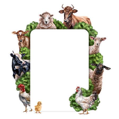 Farm composition frame of chickens, cows and sheep among the bushes. For postcards, textiles, booklets, banners, stickers. Digital illustration on a white background.の写真素材