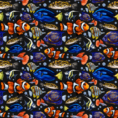 Seamless pattern with colorful marine life. tropical fish. Background for textiles, fabrics, wrapping paper, souvenirs and other designs.の写真素材
