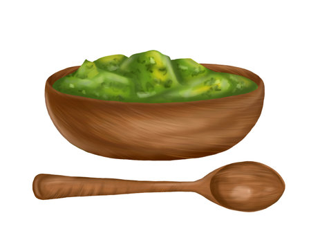 A set of wooden kitchen utensils: a cup with green sauce and a large spoon. Digital illustration on a white background. For packaging design, postcards, prints, banners, textiles, printing.の写真素材