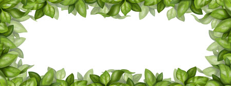 Rectangular frame made of fresh basil bunches. Herbs, spices, ingredients. Digital illustration on a white background. For packaging design, postcards, prints, textiles, jewelry.の写真素材