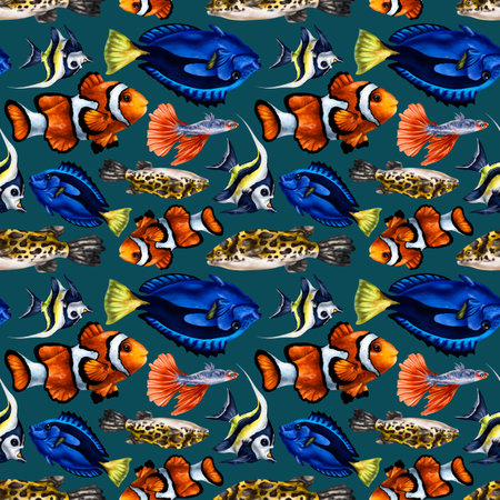 Seamless pattern with colorful marine life. tropical fish. Background for textiles, fabrics, wrapping paper, souvenirs and other designs.の写真素材