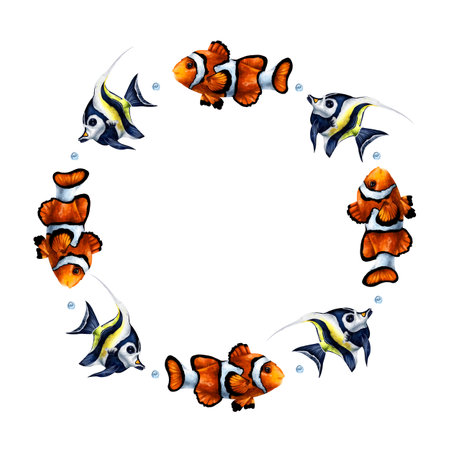 Round frame composition with underwater world and tropical fish Clown and Moorish idol. Digital illustration on a white background. For printing, stickers, posters, postcards, prints.の写真素材