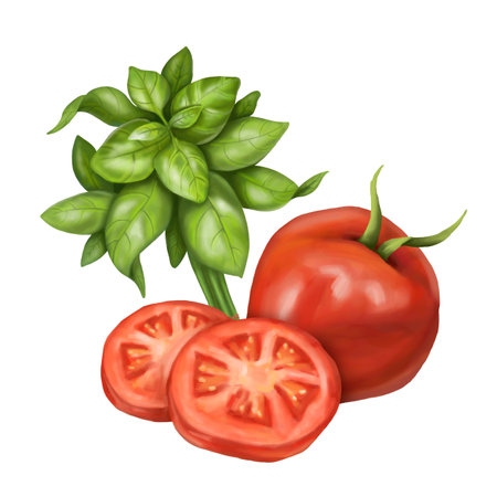 A composition of fresh red tomatoes, ripe basil leaves and black pepper. Digital illustration on a white background. For packaging design, postcards, prints, banners, textiles, printing.の写真素材