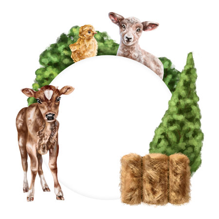 Round composition frame of young farm animals: calf, lamb and chicken among bushes and haystacks. For postcards, textiles, booklets, banners, stickers. Digital illustration on a white background.の写真素材