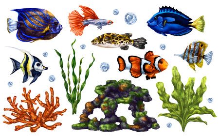Marine set of tropical fish, corals, algae and stones. Underwater world, digital illustration. For design, packaging, printing, posters, postcards textile souvenirs.の写真素材