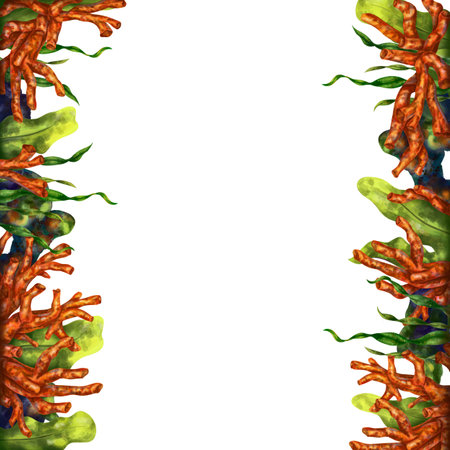 Square marine frame made of tropical fish, corals, algae, stones. Underwater world, digital illustration on a white background. For design, packaging, printing, posters, postcards, textile souvenirs.の写真素材