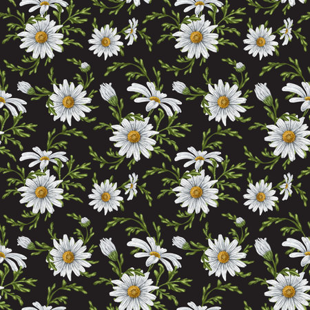 Seamless hand drawn pattern with white chamomiles. Flower background for textiles, fabrics, banner, wrapping paper and other designs. Digital illustration on black background.の写真素材
