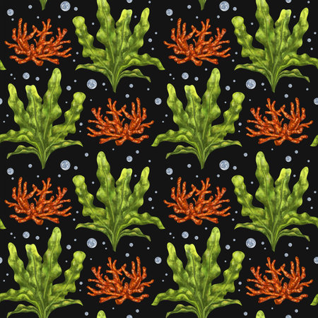 Seamless pattern with thickets of bright green seaweed, red coral and water bubbles. Background for textiles, fabrics, banners, wrapping paper, wallpaper and other designs.の写真素材