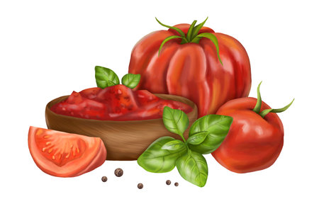 Composition of a cup of tomato sauce, fresh red tomatoes, ripe basil leaves and black pepper. Digital illustration on a white background. For packaging design, postcards, prints, banners.の写真素材