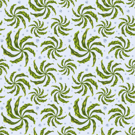Seamless pattern with thickets of bright green seaweed and water bubbles. Background for textiles, fabrics, banners, wrapping paper, wallpaper and other designs.の写真素材