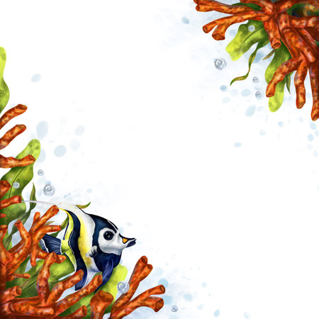 Square marine frame made of tropical fish, corals, algae, stones. Underwater world, digital illustration on a white background. For design, packaging, printing, posters, postcards, textile souvenirs.の写真素材