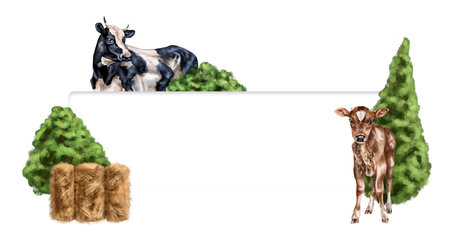 The frame of a farm composition of a cow, bull and calf among haystacks and greenery. For postcards, textiles, booklets, banners, stickers. Digital illustration on a white background.の写真素材