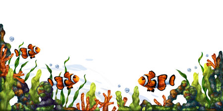 A bright composition with an underwater world. Red coral, seaweed, tropical clown fish. Digital illustration on a white background. For printing, stickers, posters, postcards, prints.の写真素材